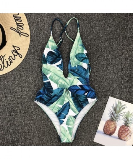 One-Pieces Women's Swimsuits Tummy Control One-Piece Suits Tankini Leaf Printing Bathing Set for Beach - Green - CJ190E9UQC7