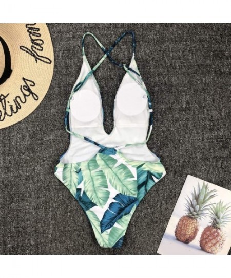 One-Pieces Women's Swimsuits Tummy Control One-Piece Suits Tankini Leaf Printing Bathing Set for Beach - Green - CJ190E9UQC7