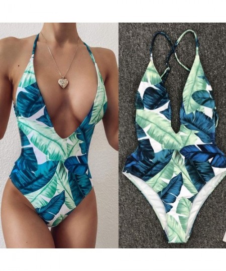 One-Pieces Women's Swimsuits Tummy Control One-Piece Suits Tankini Leaf Printing Bathing Set for Beach - Green - CJ190E9UQC7