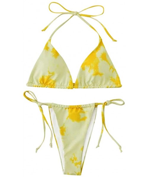 Sets Sexy Two Pieces Tie-Dye Print Backless Lace Up High Cut Bikini Set Beachwear Bathing Suits Swimwear - Yellow 02 - CW199C...