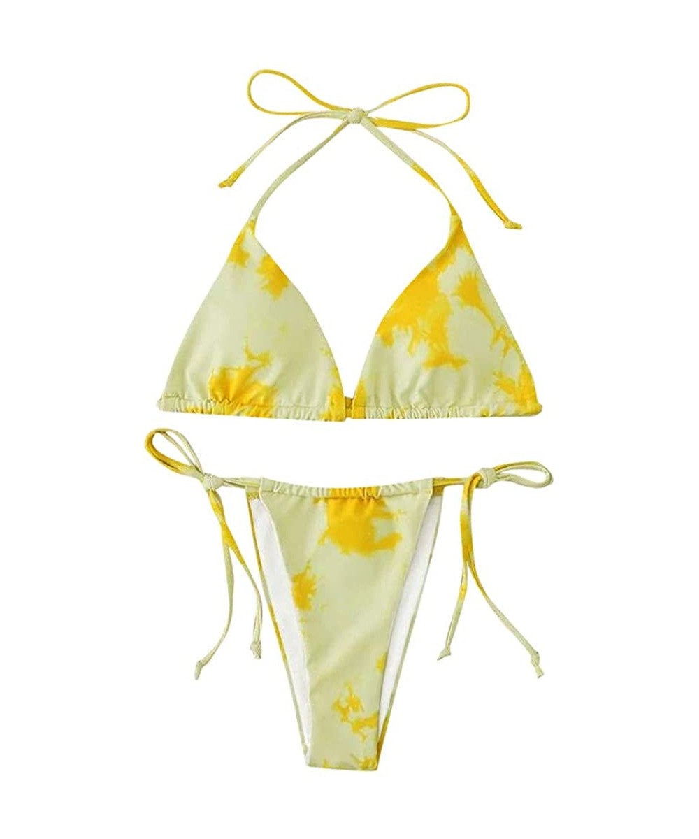 Sets Sexy Two Pieces Tie-Dye Print Backless Lace Up High Cut Bikini Set Beachwear Bathing Suits Swimwear - Yellow 02 - CW199C...