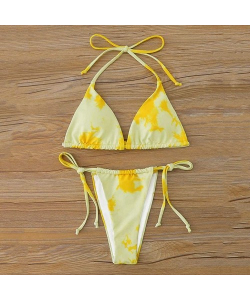 Sets Sexy Two Pieces Tie-Dye Print Backless Lace Up High Cut Bikini Set Beachwear Bathing Suits Swimwear - Yellow 02 - CW199C...