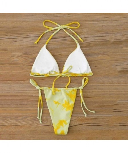 Sets Sexy Two Pieces Tie-Dye Print Backless Lace Up High Cut Bikini Set Beachwear Bathing Suits Swimwear - Yellow 02 - CW199C...