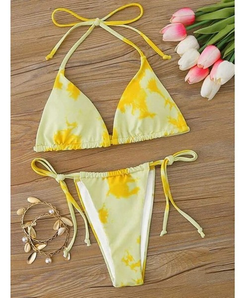 Sets Sexy Two Pieces Tie-Dye Print Backless Lace Up High Cut Bikini Set Beachwear Bathing Suits Swimwear - Yellow 02 - CW199C...