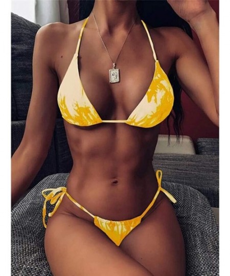 Sets Sexy Two Pieces Tie-Dye Print Backless Lace Up High Cut Bikini Set Beachwear Bathing Suits Swimwear - Yellow 02 - CW199C...