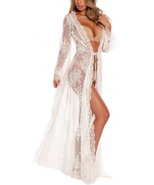 Cover-Ups Womens lace Kimono Cover up Swimwear Bikini Lace Floral Long Maxi Beach Dress (One Size- 38JM White) - CZ18HW7AU7W