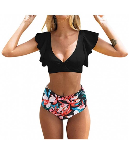 Sets Women's Ruffle High Waist Swimsuit Two Pieces Push Up Tropical Print Bikini Tummy Control Swimsuit - X-black - CY1974K4Z23