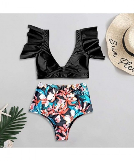 Sets Women's Ruffle High Waist Swimsuit Two Pieces Push Up Tropical Print Bikini Tummy Control Swimsuit - X-black - CY1974K4Z23