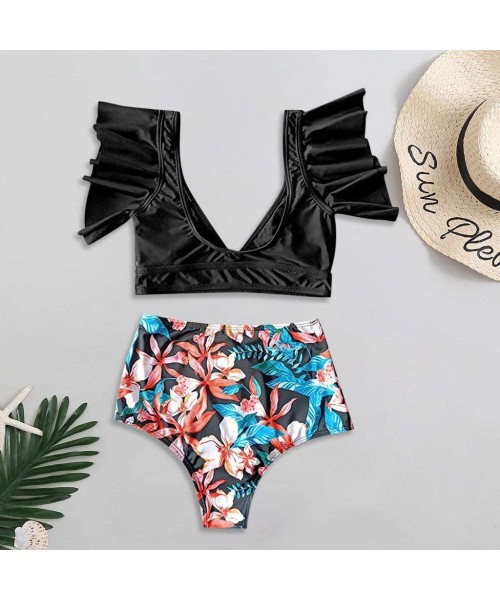 Sets Women's Ruffle High Waist Swimsuit Two Pieces Push Up Tropical Print Bikini Tummy Control Swimsuit - X-black - CY1974K4Z23