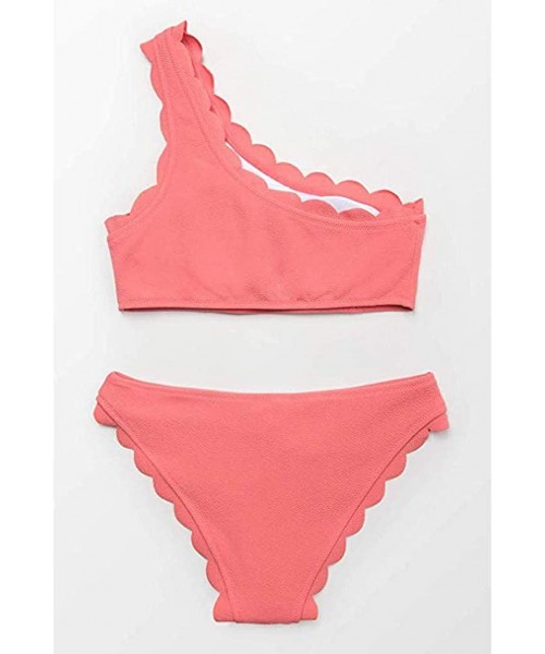 Sets Womens High Waisted Scalloped Flounce Trim One Shoulder Two Pieces Bikini Bathing Suit Lady Vintage Swimsuit Hot Pink - ...