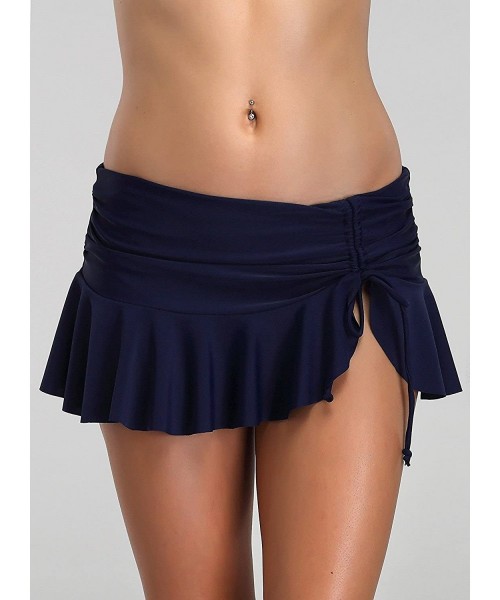 Bottoms Women Retro Skirted Swim Bottom Tie Side High Waisted Bikini Bottom Swim Brief - Navy Blue - C718QYO9UAC