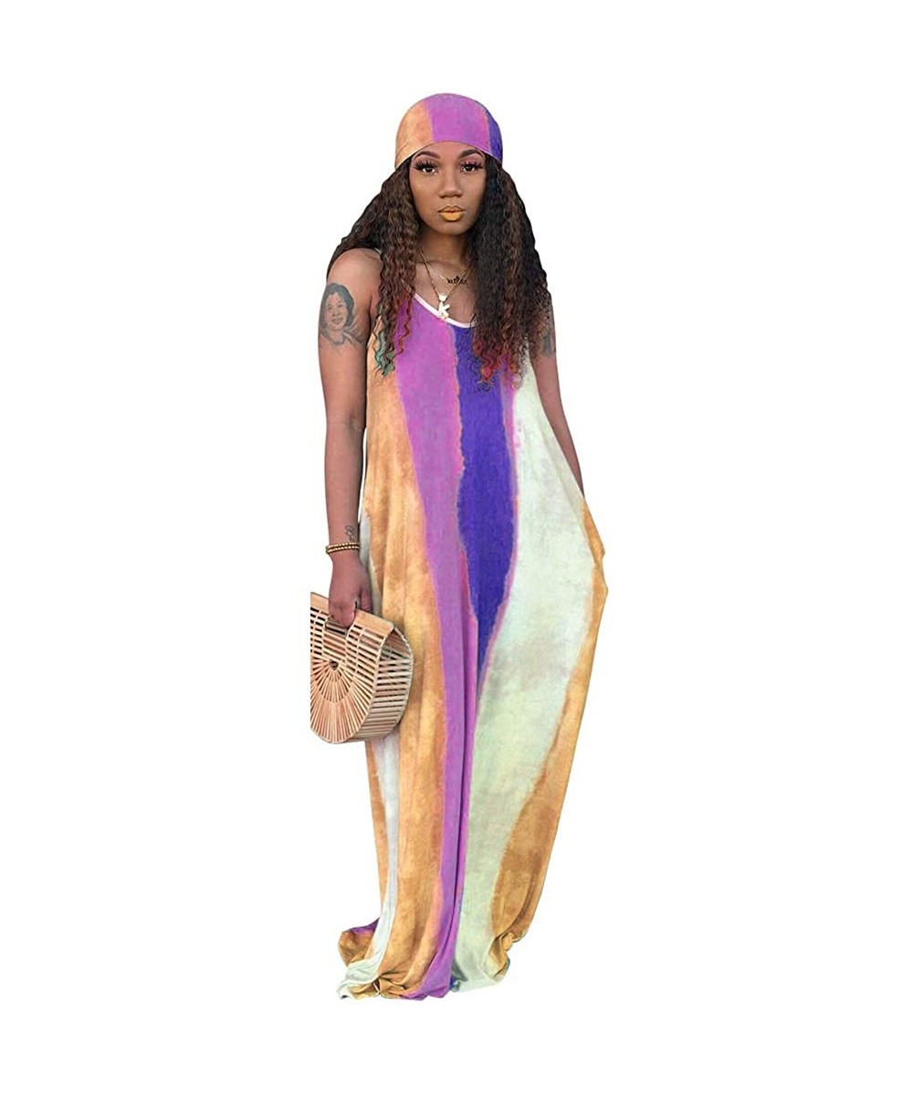 Cover-Ups Women's Tie Dye Loose Stripes Sundress Baggy Sexy Spaghetti Straps Boho Maxi Dress with Pockets Belt - B-yellow - C...