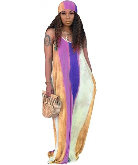 Cover-Ups Women's Tie Dye Loose Stripes Sundress Baggy Sexy Spaghetti Straps Boho Maxi Dress with Pockets Belt - B-yellow - C...