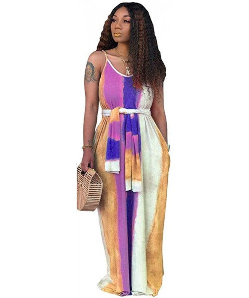 Cover-Ups Women's Tie Dye Loose Stripes Sundress Baggy Sexy Spaghetti Straps Boho Maxi Dress with Pockets Belt - B-yellow - C...