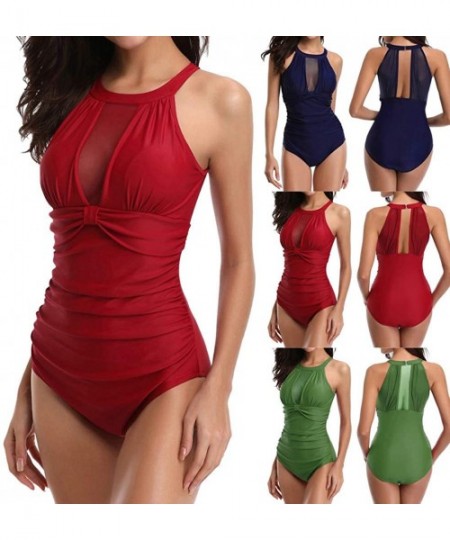 One-Pieces Women Sexy One Piece Swimsuit High Neck Plunge Mesh Ruched Monokini Swimwear High Waisted Halter Bathing Suit Tank...