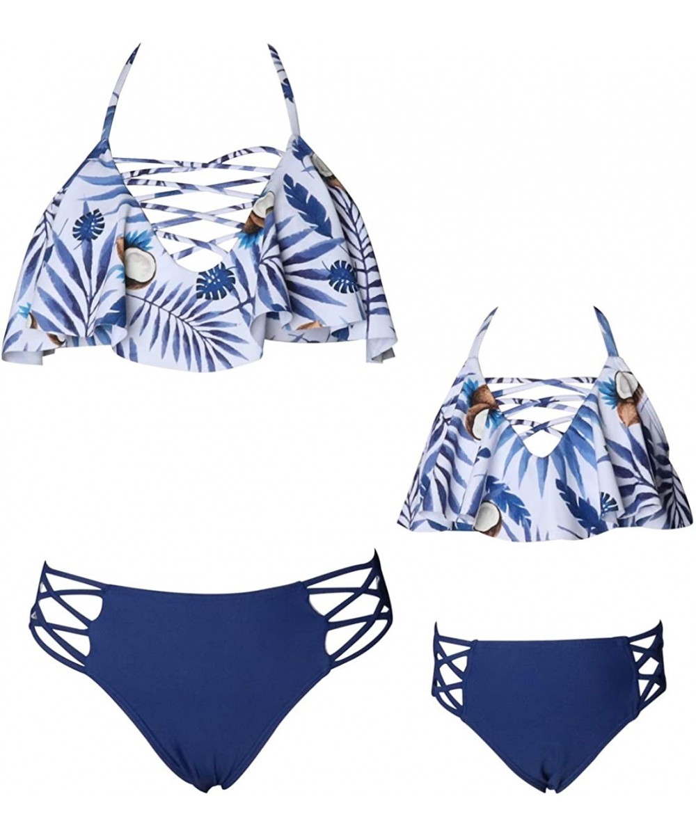 Sets Girls One Piece Swimsuits Hawaiian Ruffle Swimwear Beach Bathing Suit 2-14 Years - Floral + Navy 02 - CN196824ZYY