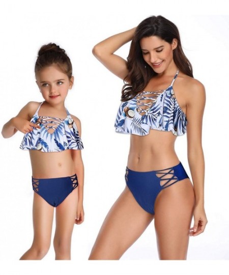 Sets Girls One Piece Swimsuits Hawaiian Ruffle Swimwear Beach Bathing Suit 2-14 Years - Floral + Navy 02 - CN196824ZYY