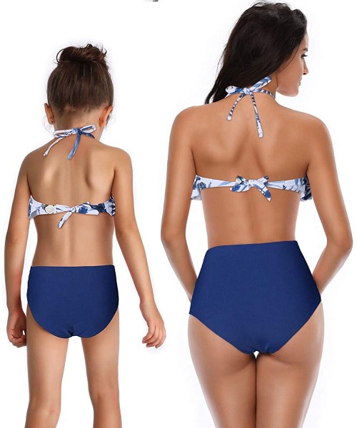 Sets Girls One Piece Swimsuits Hawaiian Ruffle Swimwear Beach Bathing Suit 2-14 Years - Floral + Navy 02 - CN196824ZYY