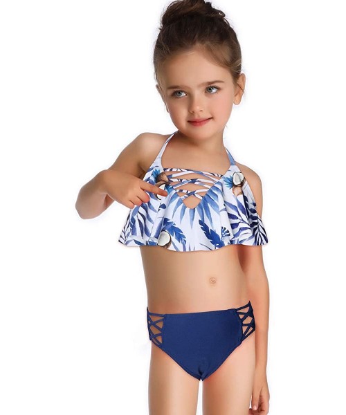 Sets Girls One Piece Swimsuits Hawaiian Ruffle Swimwear Beach Bathing Suit 2-14 Years - Floral + Navy 02 - CN196824ZYY