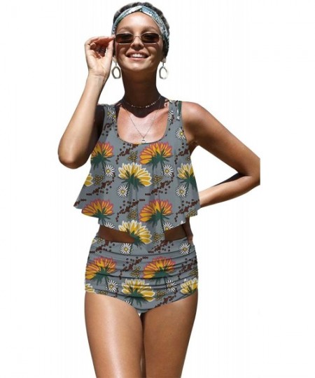 Sets Womens Colorful Sunflowers Botany Print Flounce Bikini Push up High Waisted Swimsuits - Multicolored-3 - CM196LWC5KN