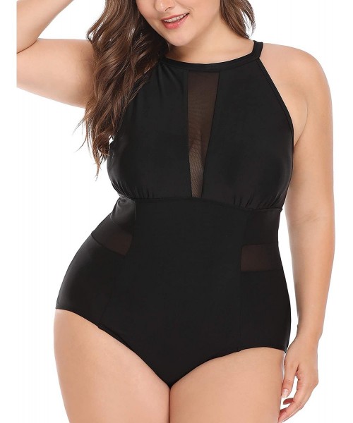 One-Pieces Plus Size One Piece Swimsuit for Women High Neck Plunge Mesh Cutout Monokini Swimwear - Black - CJ18G9RXXMI