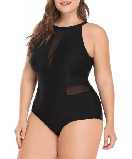 One-Pieces Plus Size One Piece Swimsuit for Women High Neck Plunge Mesh Cutout Monokini Swimwear - Black - CJ18G9RXXMI