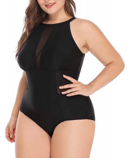 One-Pieces Plus Size One Piece Swimsuit for Women High Neck Plunge Mesh Cutout Monokini Swimwear - Black - CJ18G9RXXMI