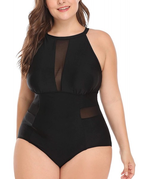 One-Pieces Plus Size One Piece Swimsuit for Women High Neck Plunge Mesh Cutout Monokini Swimwear - Black - CJ18G9RXXMI