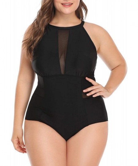 One-Pieces Plus Size One Piece Swimsuit for Women High Neck Plunge Mesh Cutout Monokini Swimwear - Black - CJ18G9RXXMI