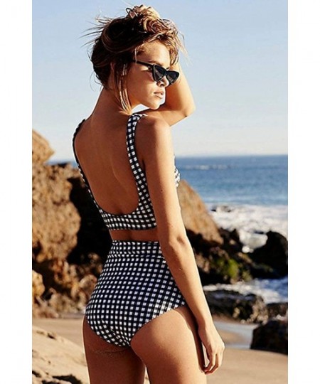 One-Pieces Sexy Cute Grid Printing Swimsuits for Women One Piece 2 Piece Bikini Set Padded Bralette Beachwear - A - CY18DQ4GN3X