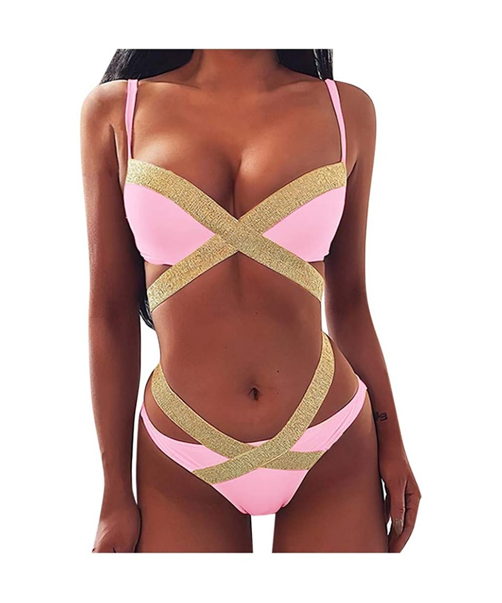 Sets 2020 Women Two Piece Swimsuits Gold Stamping Printing Cut Out High Cut Lace Up Beach Bathing Suits - Pink - CI197KZMK64