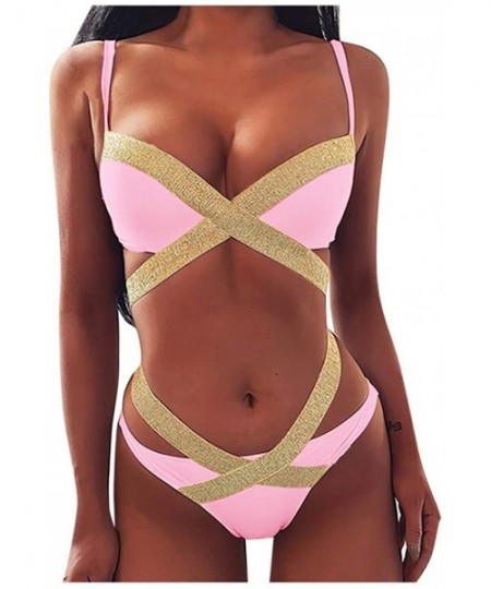 Sets 2020 Women Two Piece Swimsuits Gold Stamping Printing Cut Out High Cut Lace Up Beach Bathing Suits - Pink - CI197KZMK64