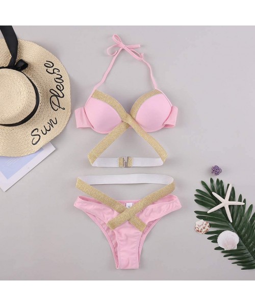 Sets 2020 Women Two Piece Swimsuits Gold Stamping Printing Cut Out High Cut Lace Up Beach Bathing Suits - Pink - CI197KZMK64