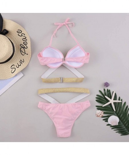 Sets 2020 Women Two Piece Swimsuits Gold Stamping Printing Cut Out High Cut Lace Up Beach Bathing Suits - Pink - CI197KZMK64