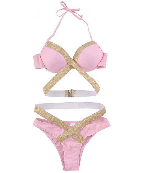 Sets 2020 Women Two Piece Swimsuits Gold Stamping Printing Cut Out High Cut Lace Up Beach Bathing Suits - Pink - CI197KZMK64