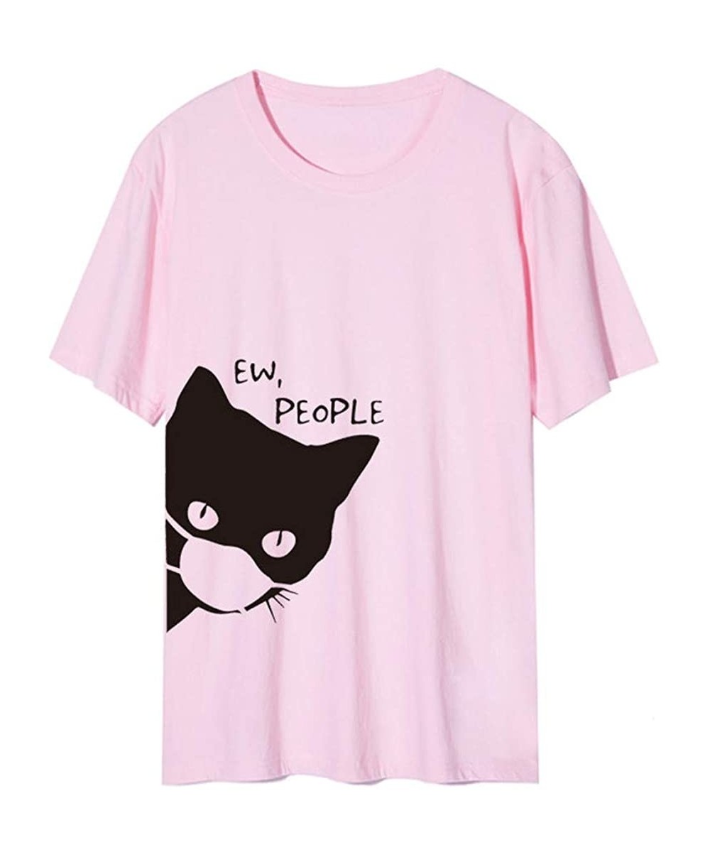 Bottoms Women's Cat Print Tee Summer Casual Basic Short Sleeve Round Neck T Shirts - Pink - CQ1906TZTAN