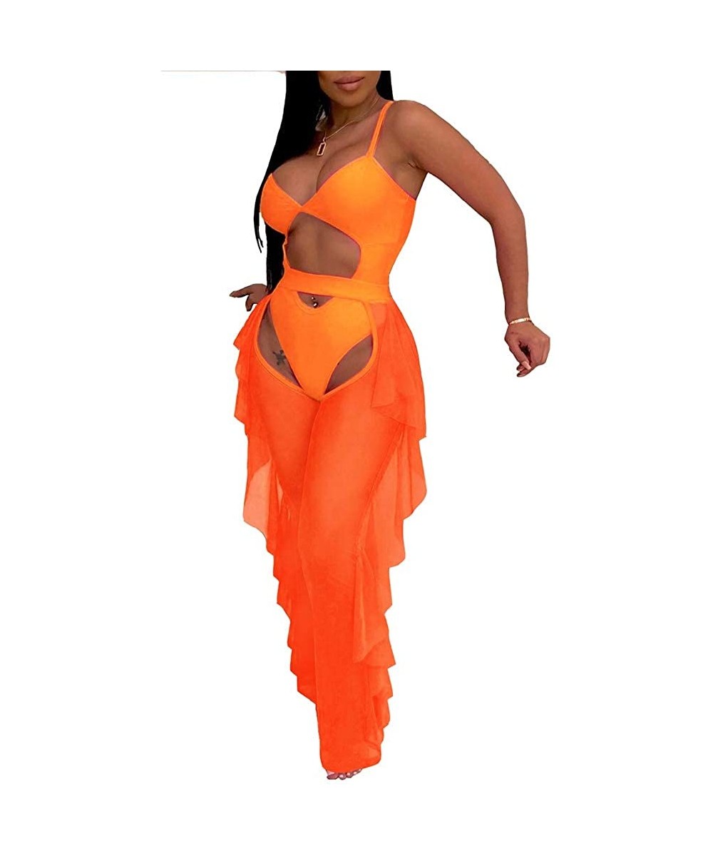 Cover-Ups Sexy Swimsuits for Women - Mesh See Through Club Outfits Bikini Cover Up - B-orange - C218SRI9MKK