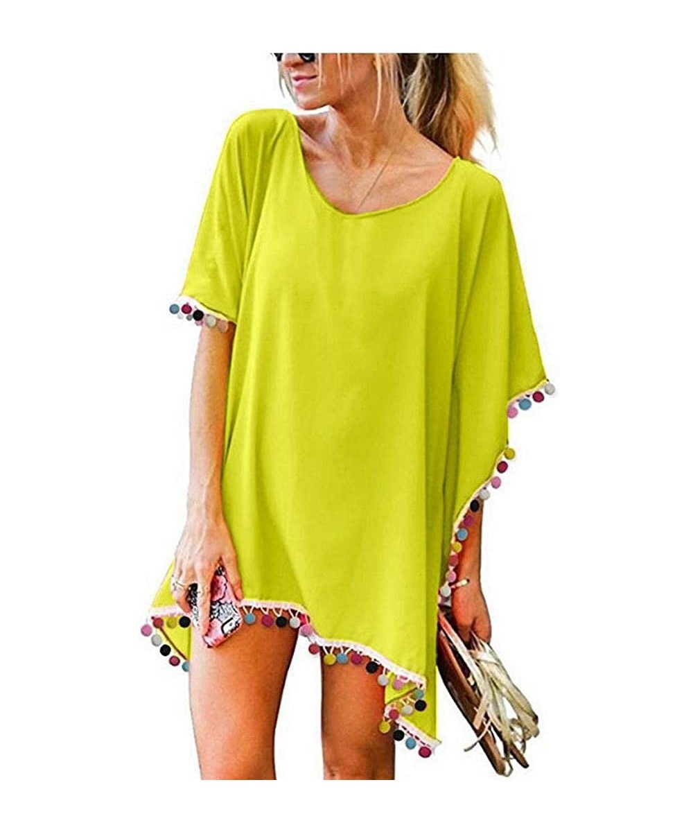 Cover-Ups Women Casual O-Neck Half Sleeve Solid Loose Beach Cover-up Swimwear Cover-Ups - Yellow - CN196AU6OK0