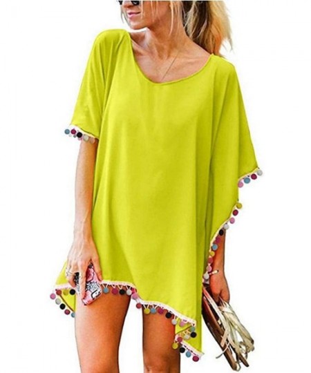 Cover-Ups Women Casual O-Neck Half Sleeve Solid Loose Beach Cover-up Swimwear Cover-Ups - Yellow - CN196AU6OK0