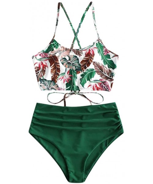 Tankinis Women's Tropical Leaf Print Lace Up High Waisted Tankini Set Swimsuit - Green - C3194LKMO9M