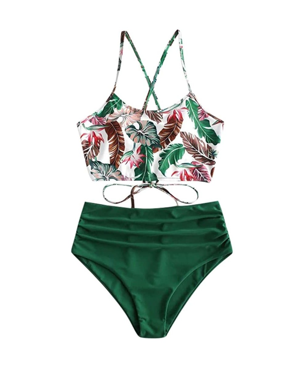 Tankinis Women's Tropical Leaf Print Lace Up High Waisted Tankini Set Swimsuit - Green - C3194LKMO9M