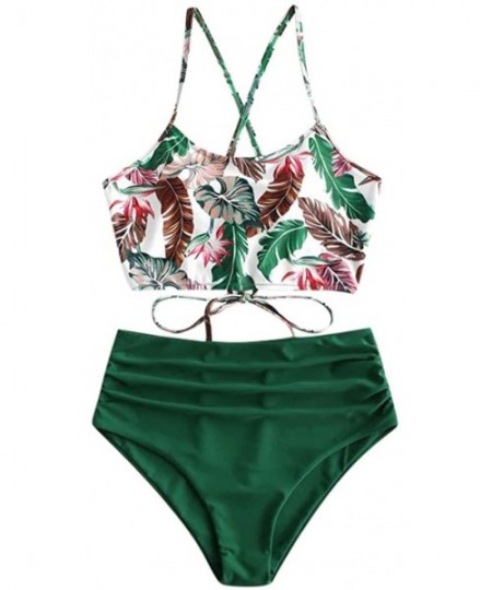 Tankinis Women's Tropical Leaf Print Lace Up High Waisted Tankini Set Swimsuit - Green - C3194LKMO9M