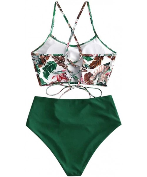 Tankinis Women's Tropical Leaf Print Lace Up High Waisted Tankini Set Swimsuit - Green - C3194LKMO9M