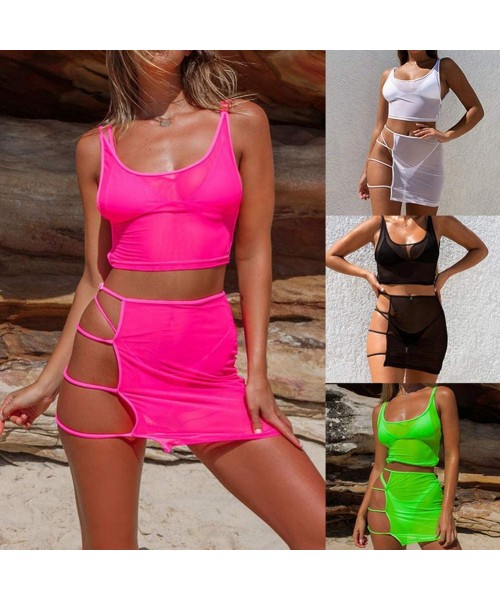 Cover-Ups Women's Sheer Mesh 2 Piece Outfits See Through Sleeveless Crop Tops + Bodycon Party Mini Skirt Jumpsuits Set Hot Pi...