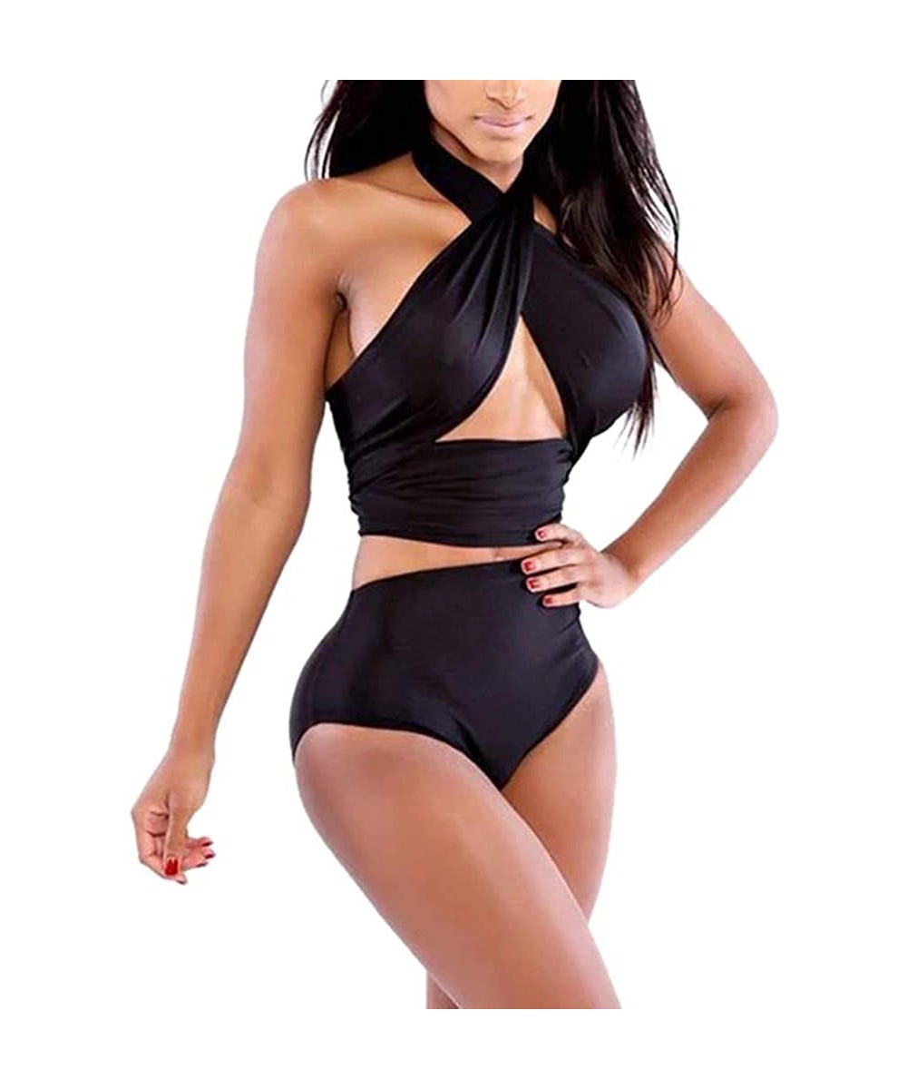 Sets Bikini Women's Two Piece Set Wrapped Chest Swimsuits Solid Color Sexy Summer Swimwear Beachwear Bathing Suits Black - CA...