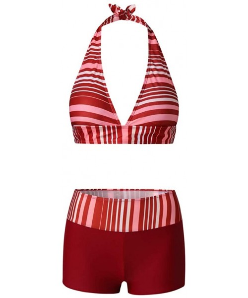 Tops Women's Two Piece Swimsuit Halter Striped Print Top with Boyshort Bottoms Bathing Bikini Suit - Wine - C11966MUI2R