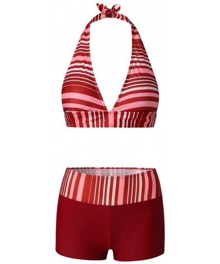 Tops Women's Two Piece Swimsuit Halter Striped Print Top with Boyshort Bottoms Bathing Bikini Suit - Wine - C11966MUI2R