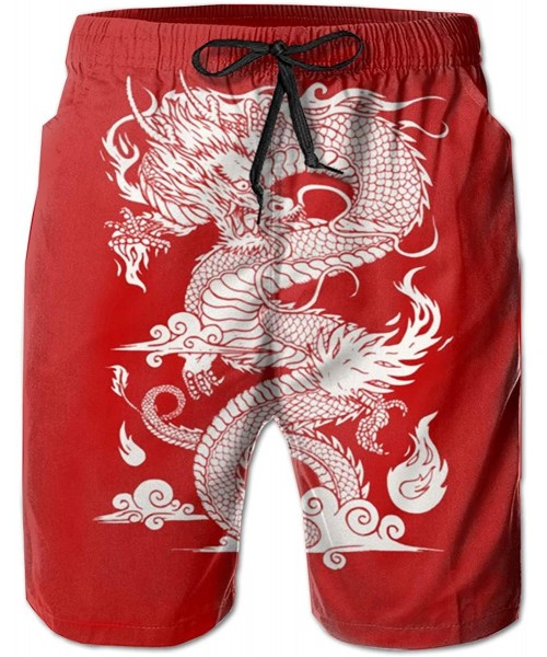 Board Shorts Men Swim Trunks Drawstring Elastic Waist Beach Shorts (Cute Panda Set) - Chinese Dragon Red - CA18X697SU7