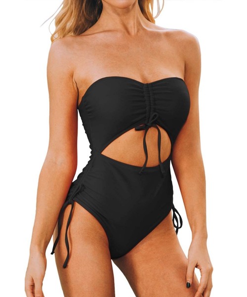 One-Pieces Removable Strappy Off Shoulder Tube Top Cutout Drawstring One Piece Swimsuit - Black - CR1944MSU93