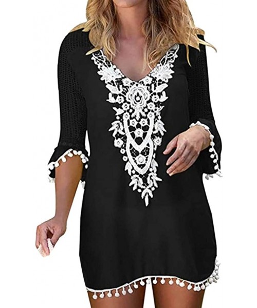 Cover-Ups Women Tassel Crochet Swimwear Hosamtel Chiffon Swimsuit Beach Bikini Cover Ups for Swimwear Bathing Suits - Black -...